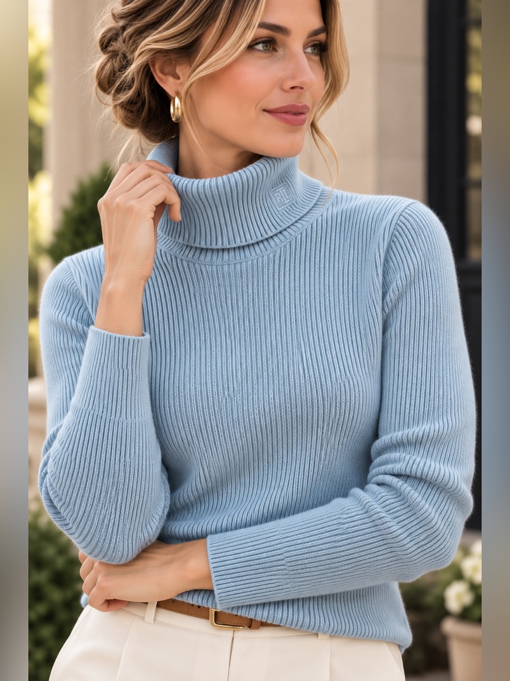 Lauren Ralph Lauren 100% Cotton Light Blue Ribbed Turtleneck Sweater RL Logo